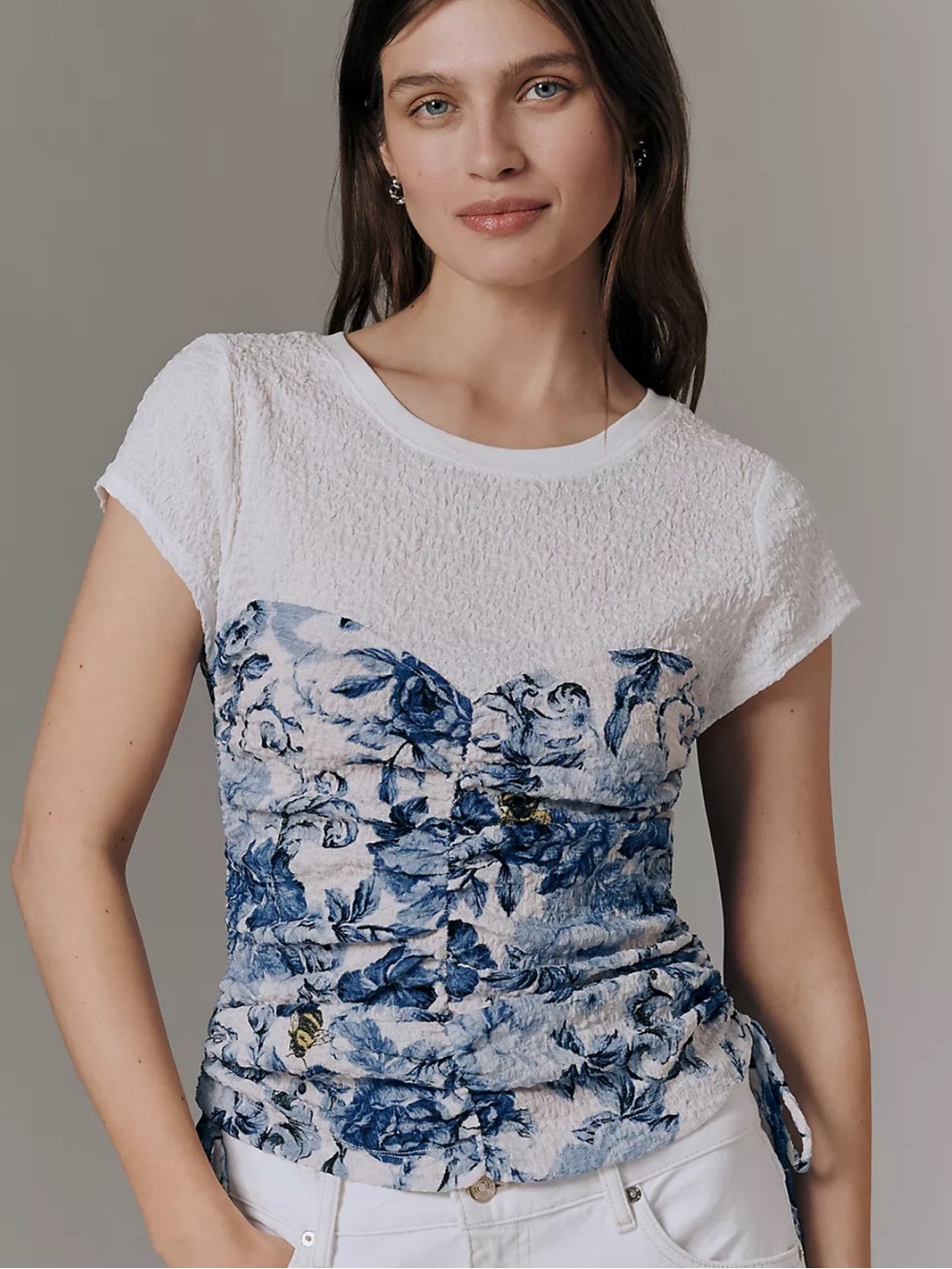 Anthropologie Maeve Ruched Corset Short-Sleeve Top in Blue Floral with Bees
